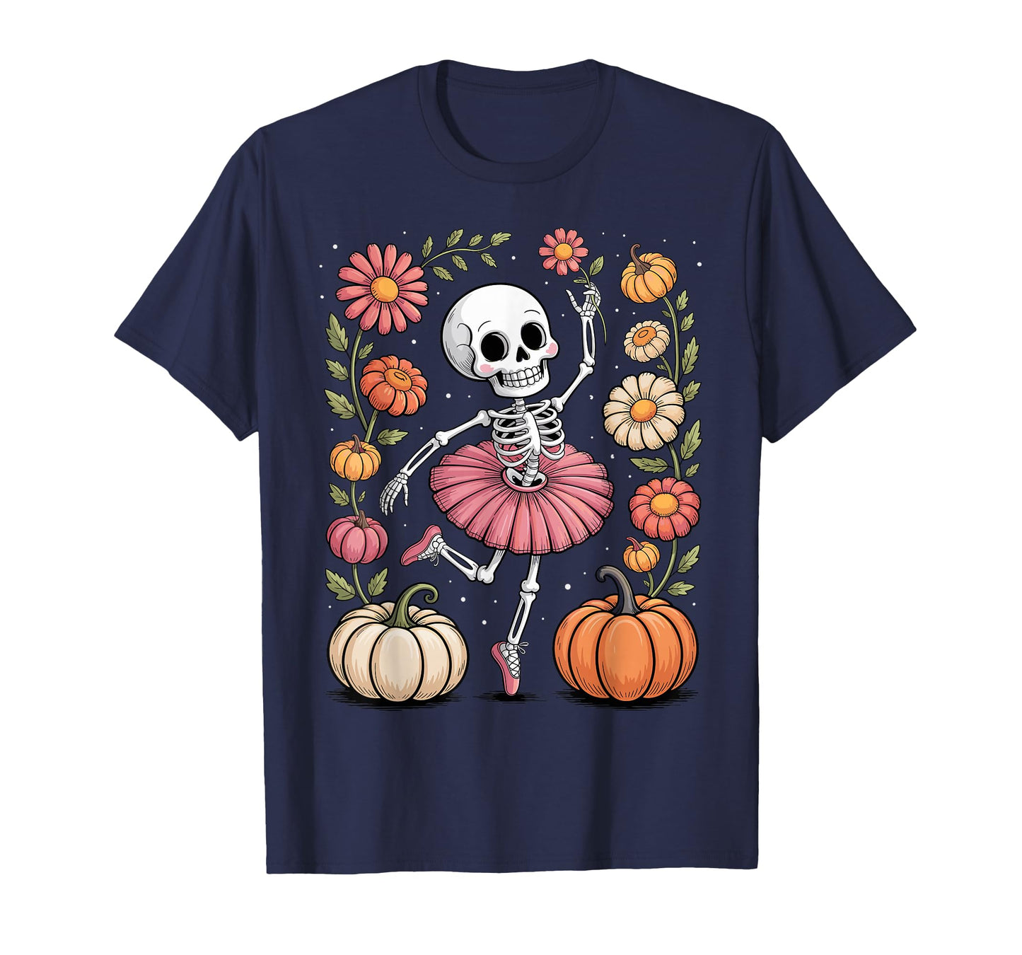 Skeleton Ballerina Halloween Pumpkin Floral Funny T-Shirt