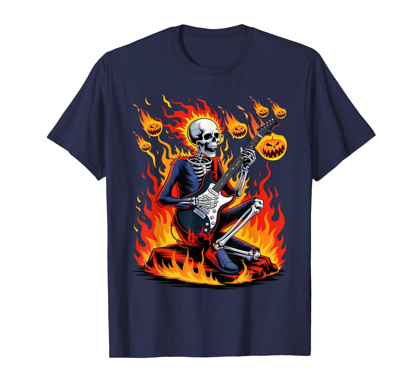Skeleton with Fire Guitar Spooky Halloween Rock Band Concert T-Shirt
