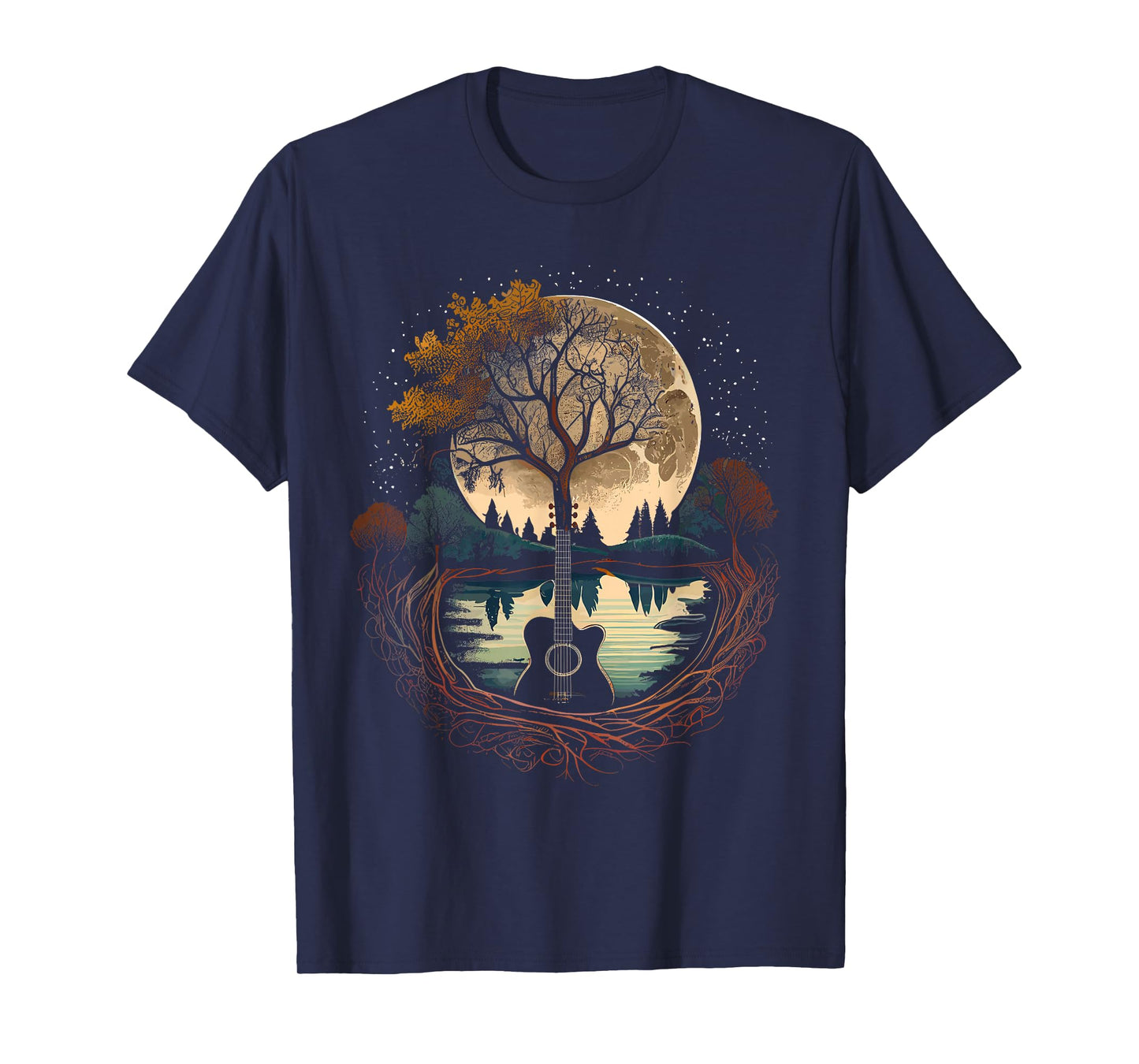 Acoustic Guitar Tree and Moon By The Lake Guitarist T-Shirt