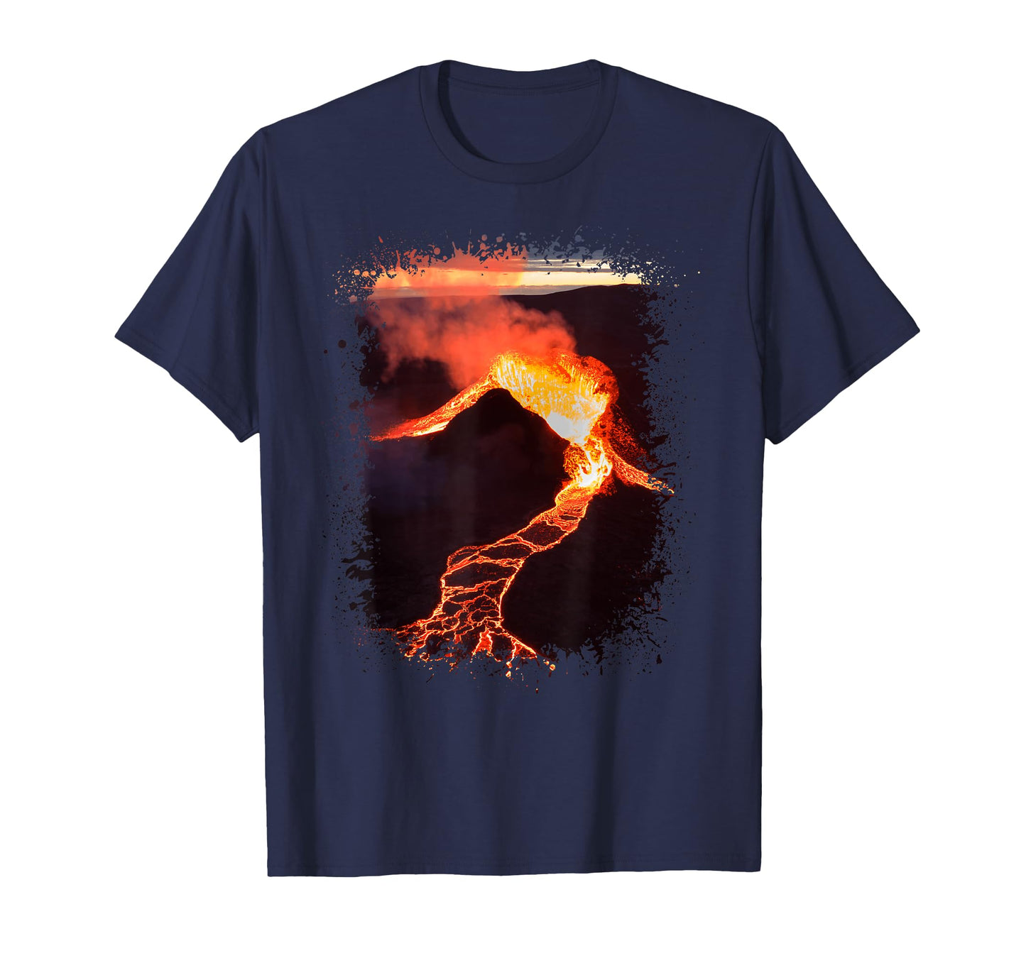 Volcano In Iceland With Lava Flow Photo Splatter Art Design T-Shirt