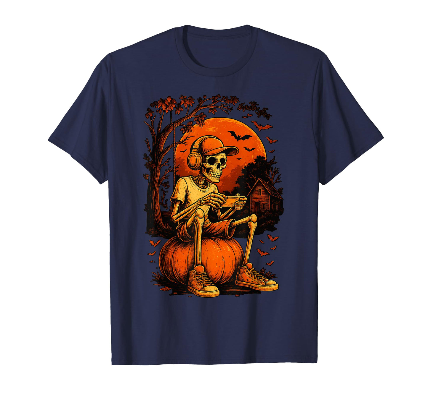HUGvyn Halloween Skeleton Gamer Pumpkin Controller Kids Boys T-Shirt