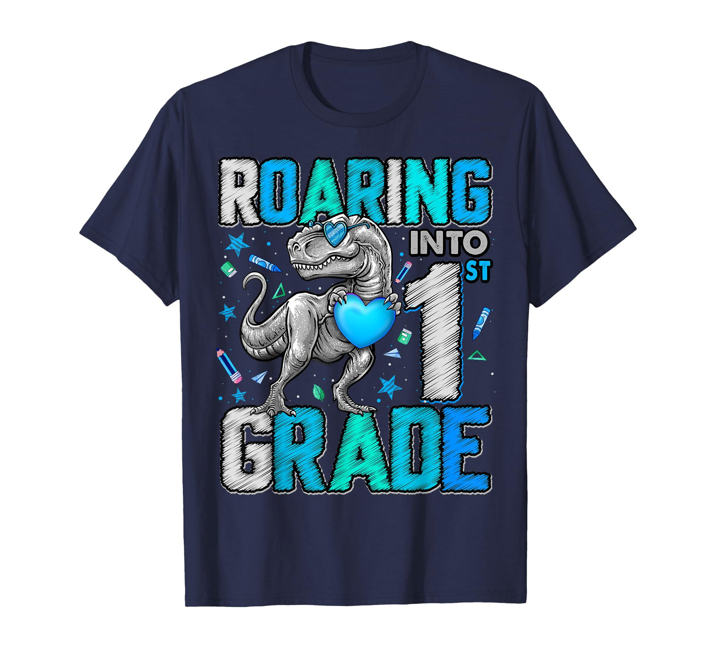 Roaring Into 1st Grade Dinosaur T Rex Back To School Boys T-Shirt