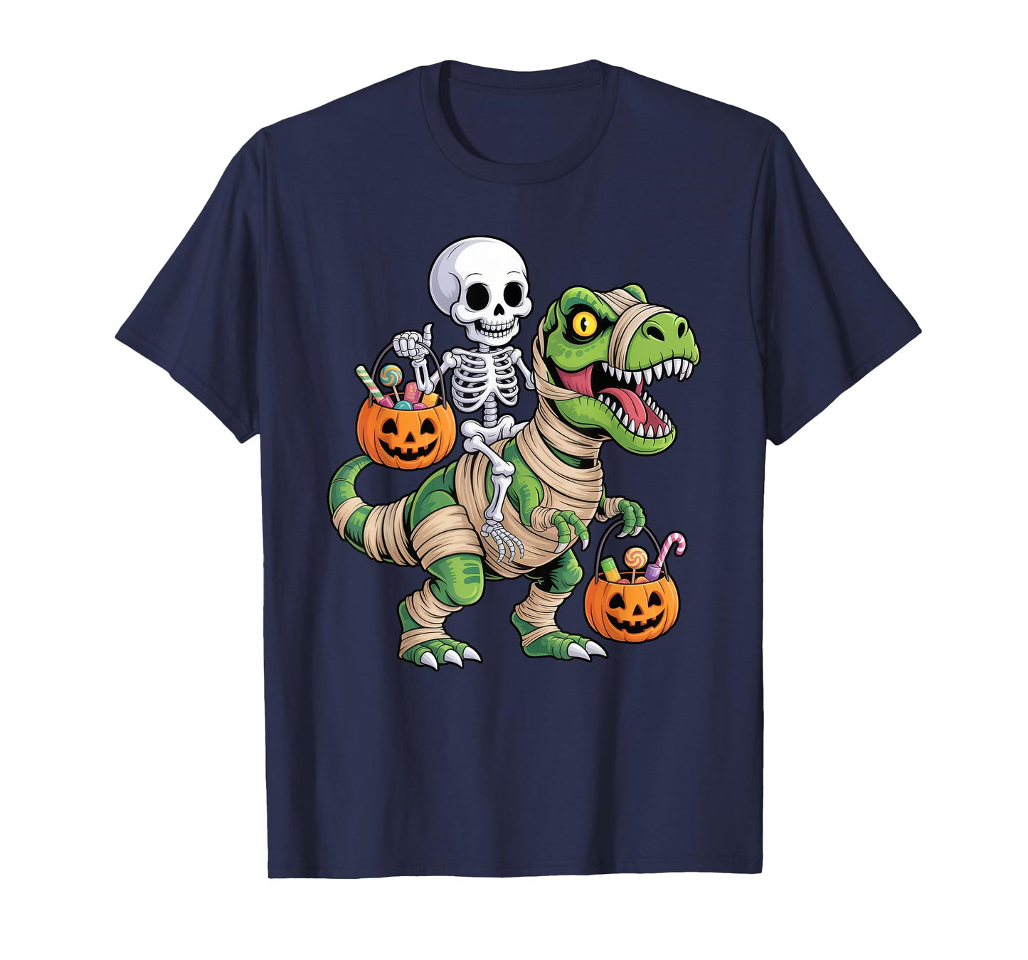Skeleton Riding Mummy Dinosaur T rex Kids Boys Men Halloween T-Shirt