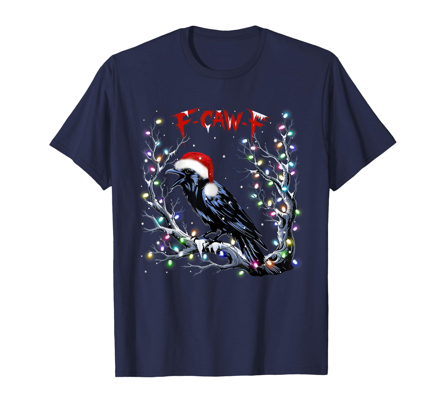Black Crow F-Caw-F Funny Retro Santa Hat Christmas Lights T-Shirt