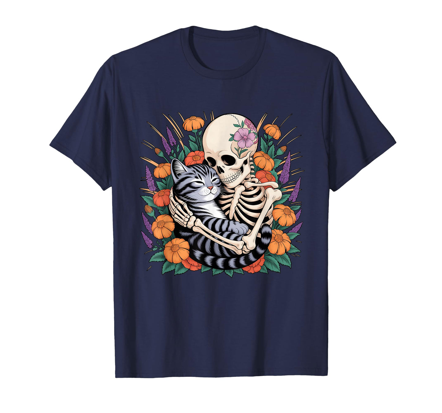Skeleton Hugging A Cat Surrounded by Flowers Halloween Theme T-Shirt