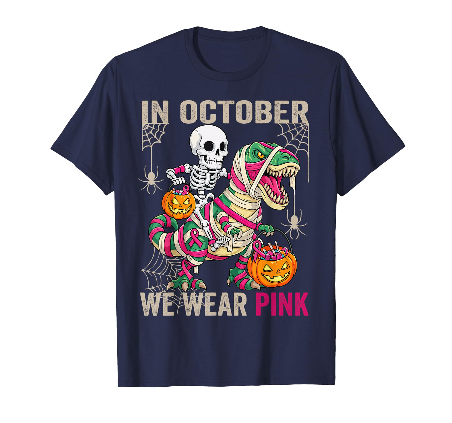 in October We Wear Pink Dinosaur Skeleton Halloween T-Shirt