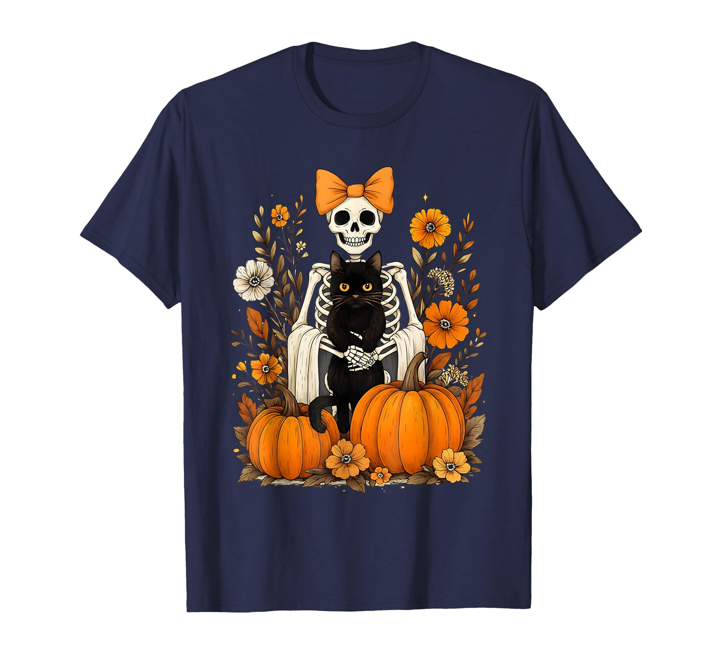 Halloween Skeleton with Black Cat Bow Autumn Pumpkins T-Shirt
