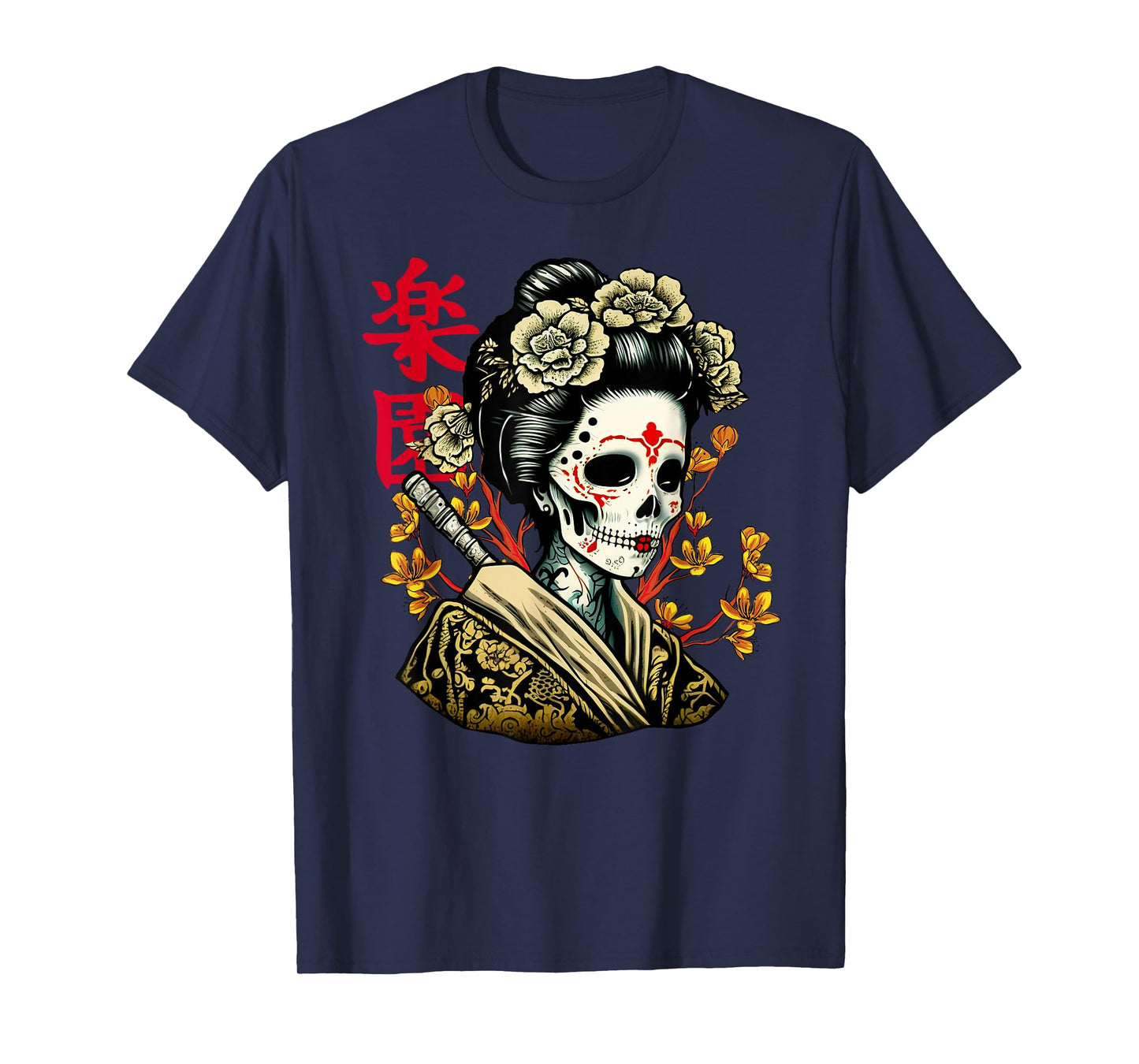Japanese Geisha skull women with sakura tree T-Shirt