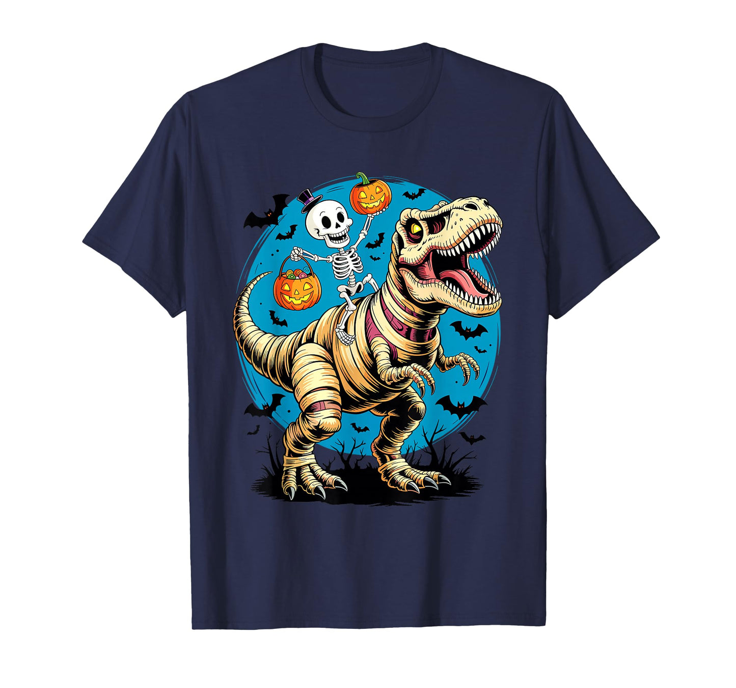 Skeleton Riding Mummy Dinosaur T rex Halloween Funny Pumpkin T-Shirt