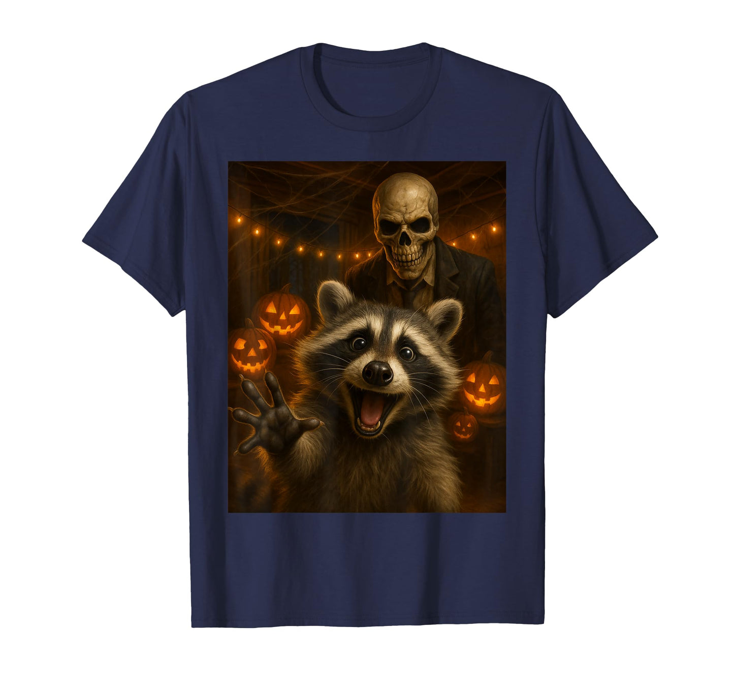 Happy Raccoon Selfie with Skeleton Funny Halloween Outfit T-Shirt