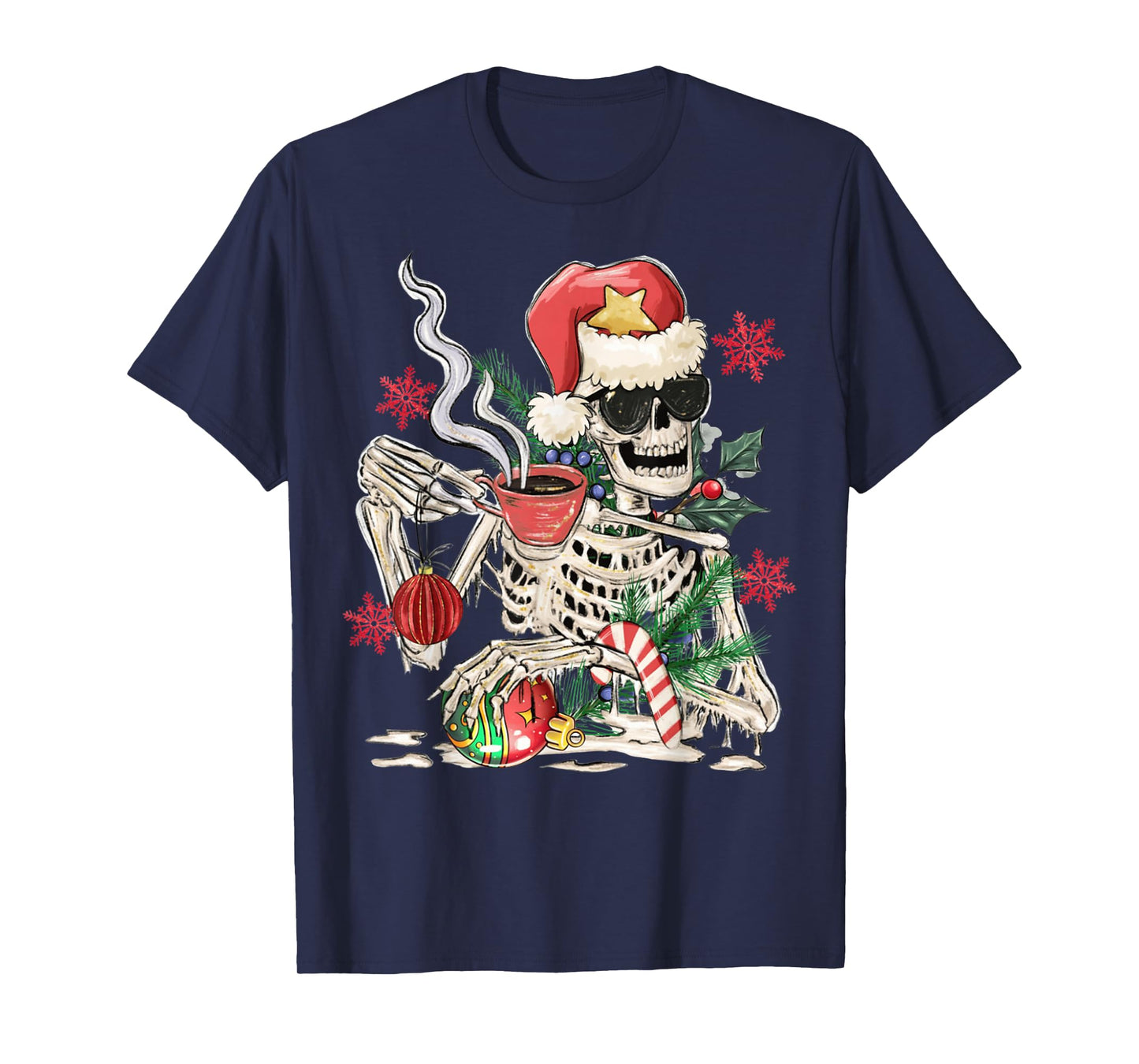 Santa Skeleton Drinking Coffee Funny Christmas Holiday T-Shirt