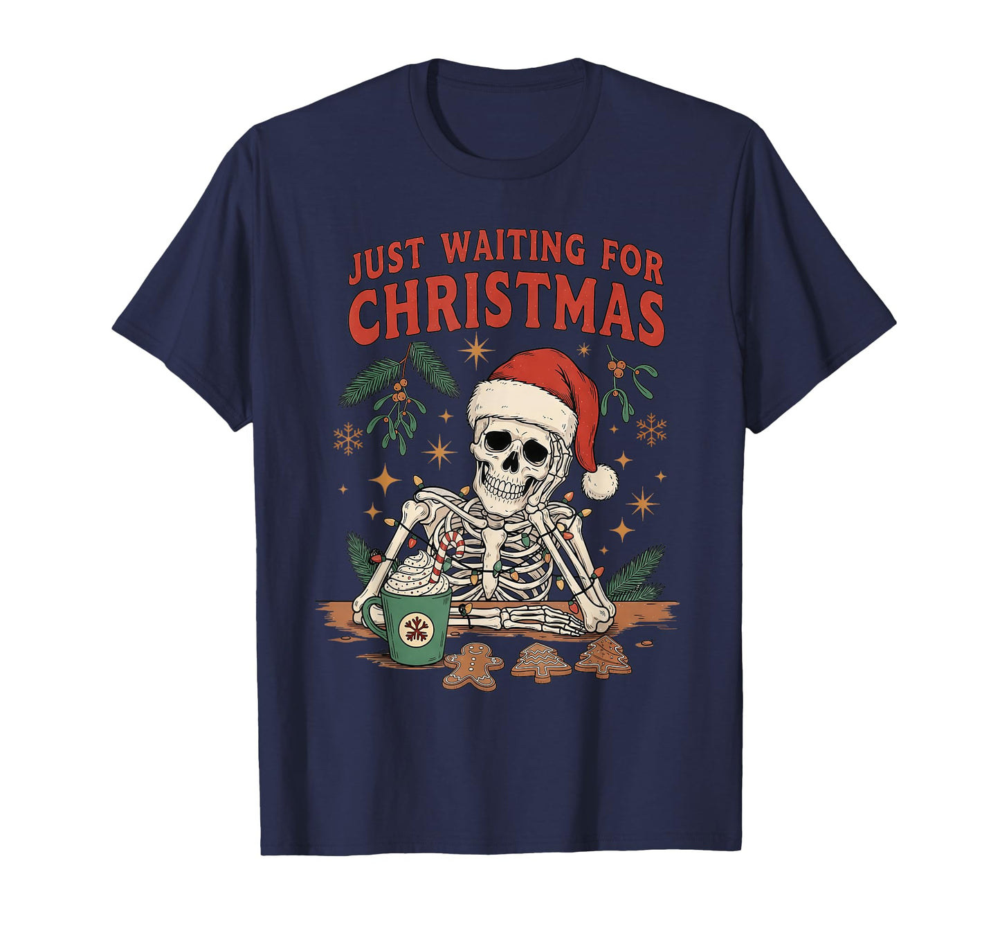 Vintage Xmas Holiday Just Waiting for Christmas Skeleton T-Shirt