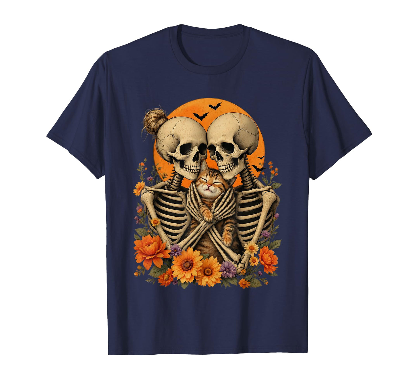 Skeleton Hugging Cat Floral Halloween Cat Lover Mom Costume T-Shirt