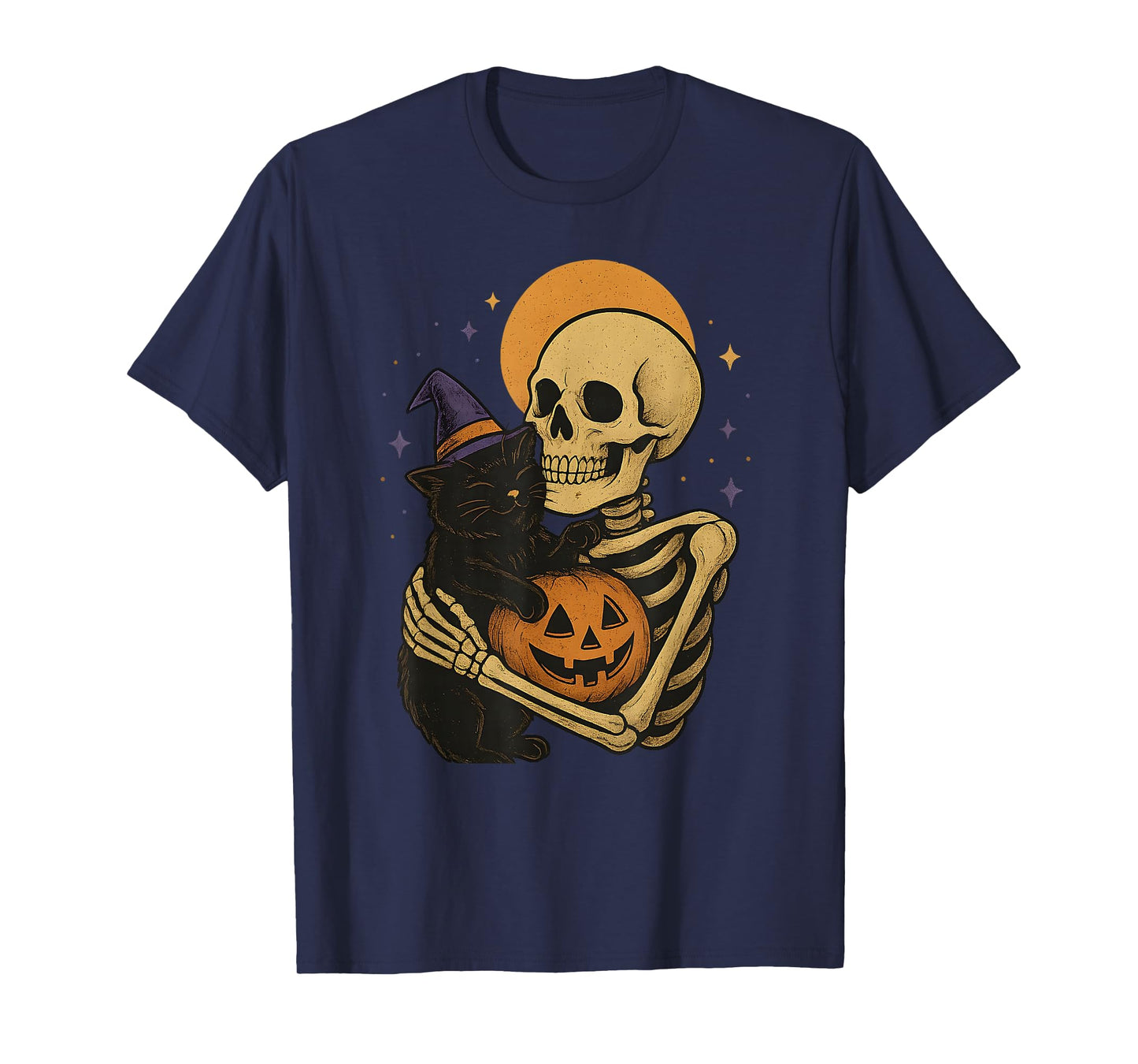 Skeleton Hugging Cat Pumpkin Halloween Cat Lover Cat Mom Dad T-Shirt