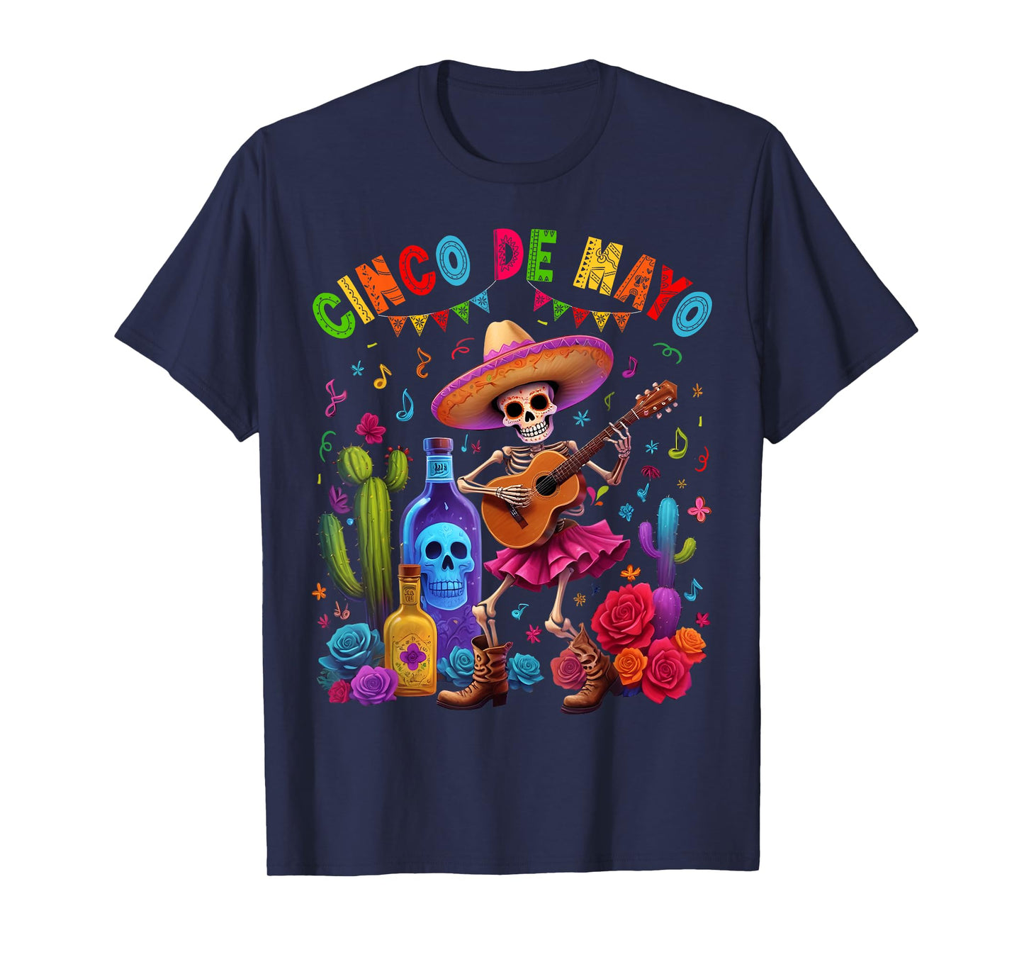 Cinco De Mayo Fiesta Funny Mexican Skeleton Guitar Men Women T-Shirt
