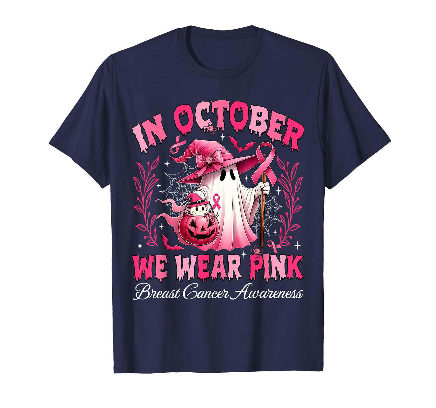 in October We Wear Pink Ghost Witch Breast Cancer Awareness T-Shirt