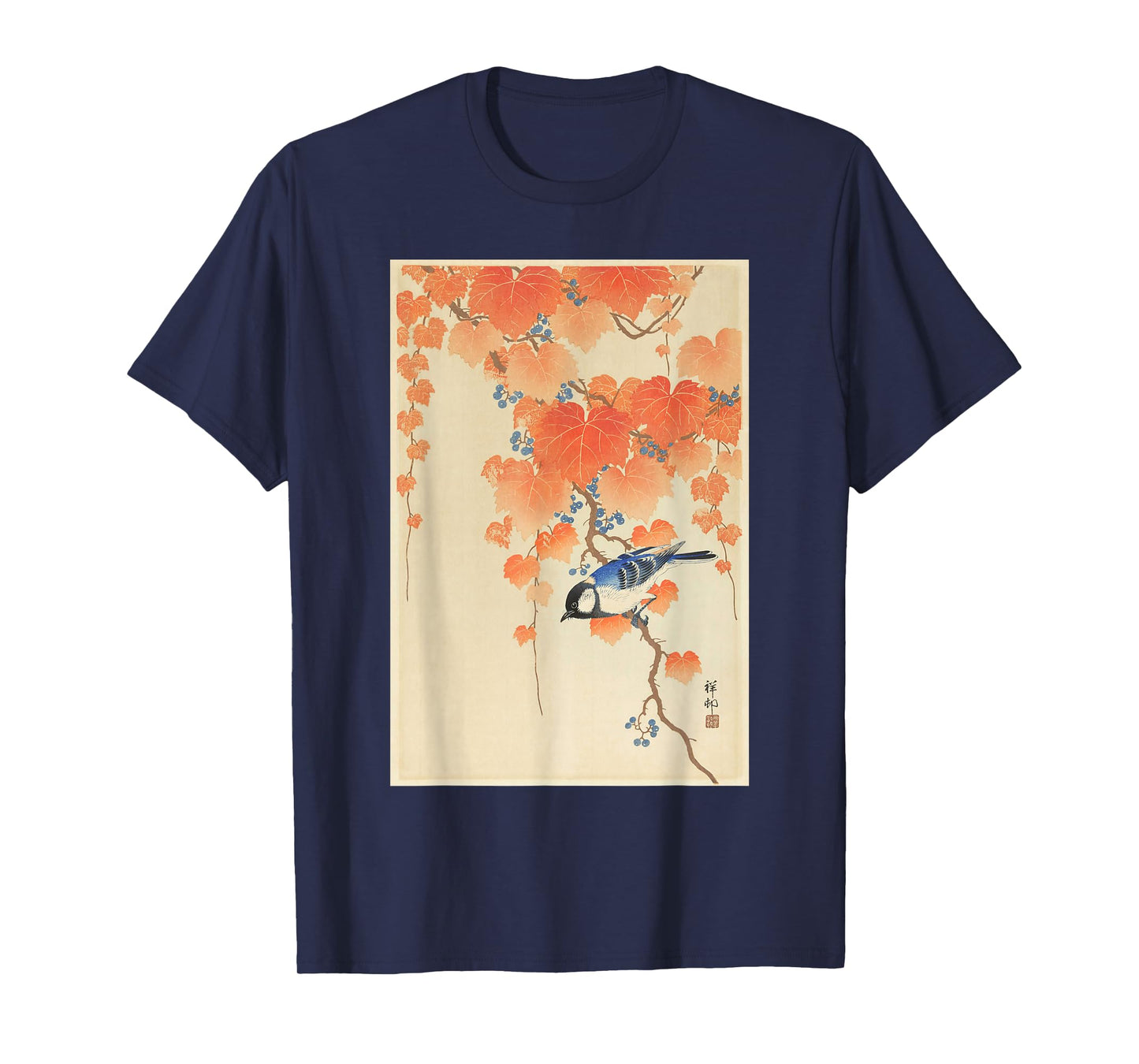 Vintage Japanese Art Naturalist Blue Song Bird Painting T-Shirt