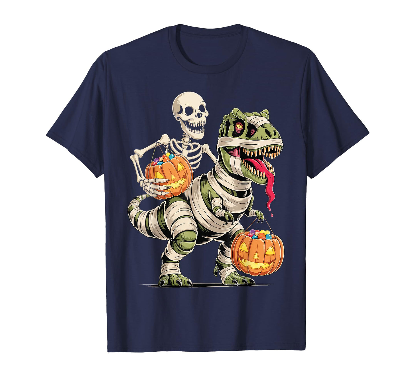 Skeleton Riding Mummy Dinosaur T Rex Funny Halloween T-Shirt