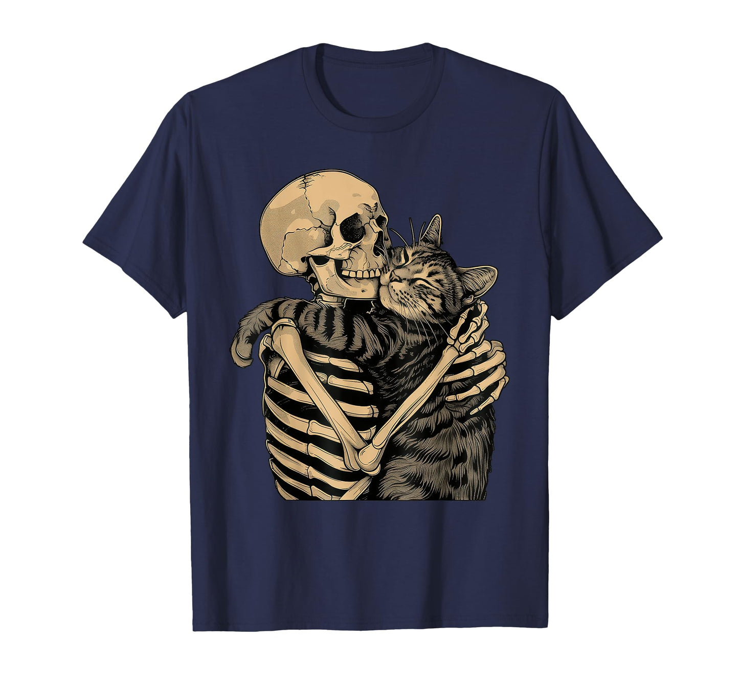 Skeleton Hugging Cat Halloween Cat Lover Cat Mom Dad T-Shirt