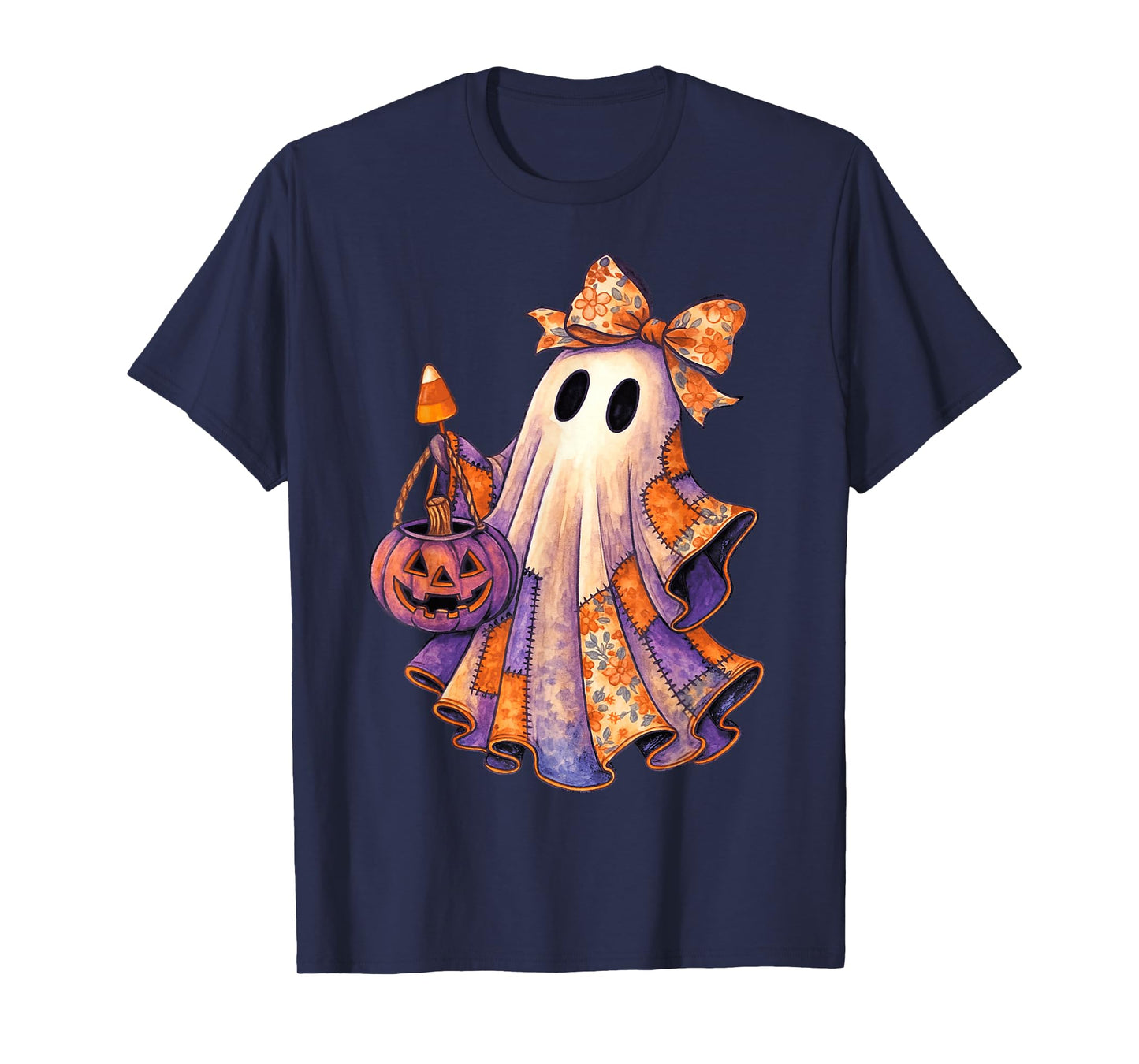 Ghost Coquette Patchwork Bow Floral Halloween Girly Women T-Shirt