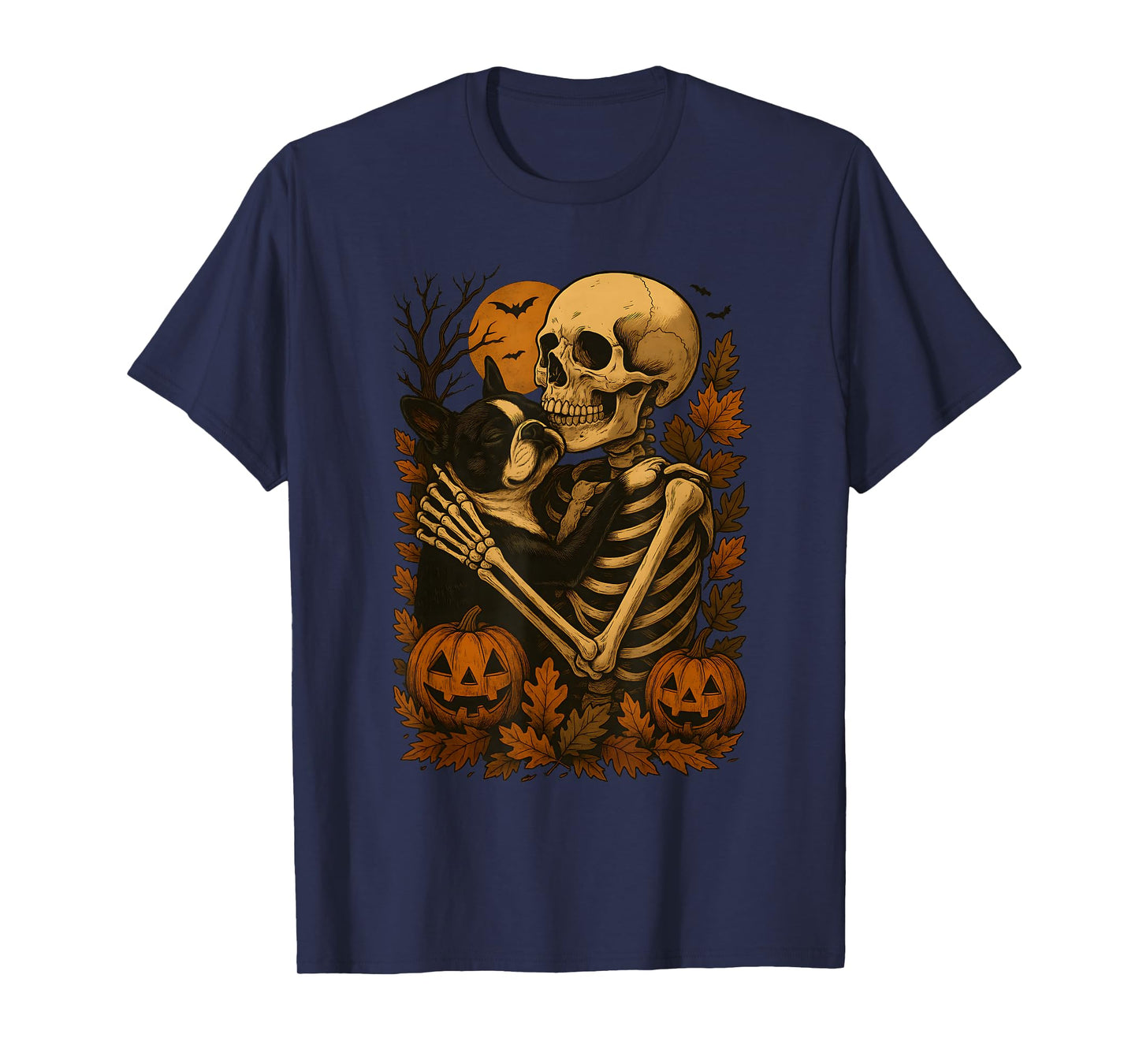 Skeleton Hugging Boston Terrier T-Shirt