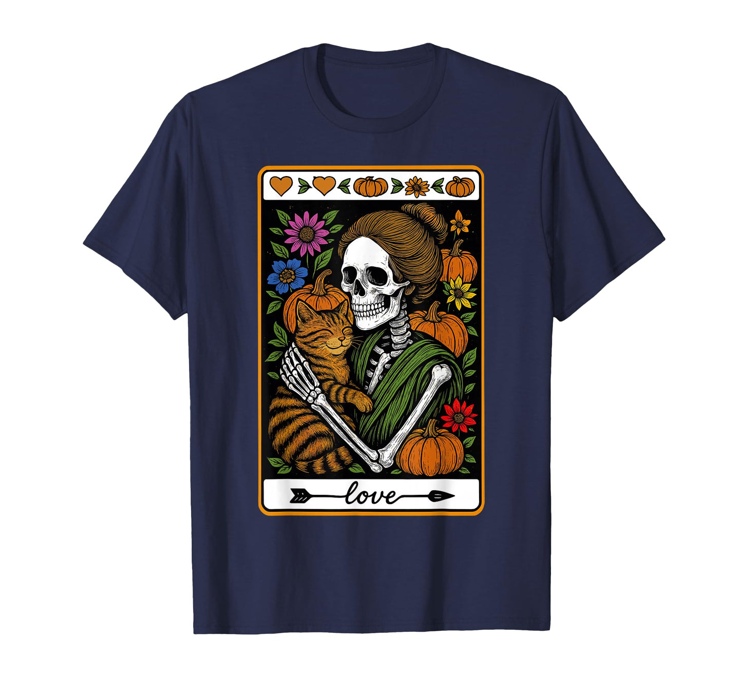 Skeleton Hugging Cat Halloween Pumpkin Cat Mom Tarot Card T-Shirt