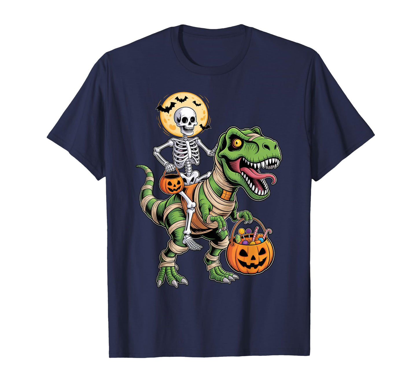 Skeleton Riding Mummy Dinosaur Pumpkin Spooky Trex Halloween T-Shirt