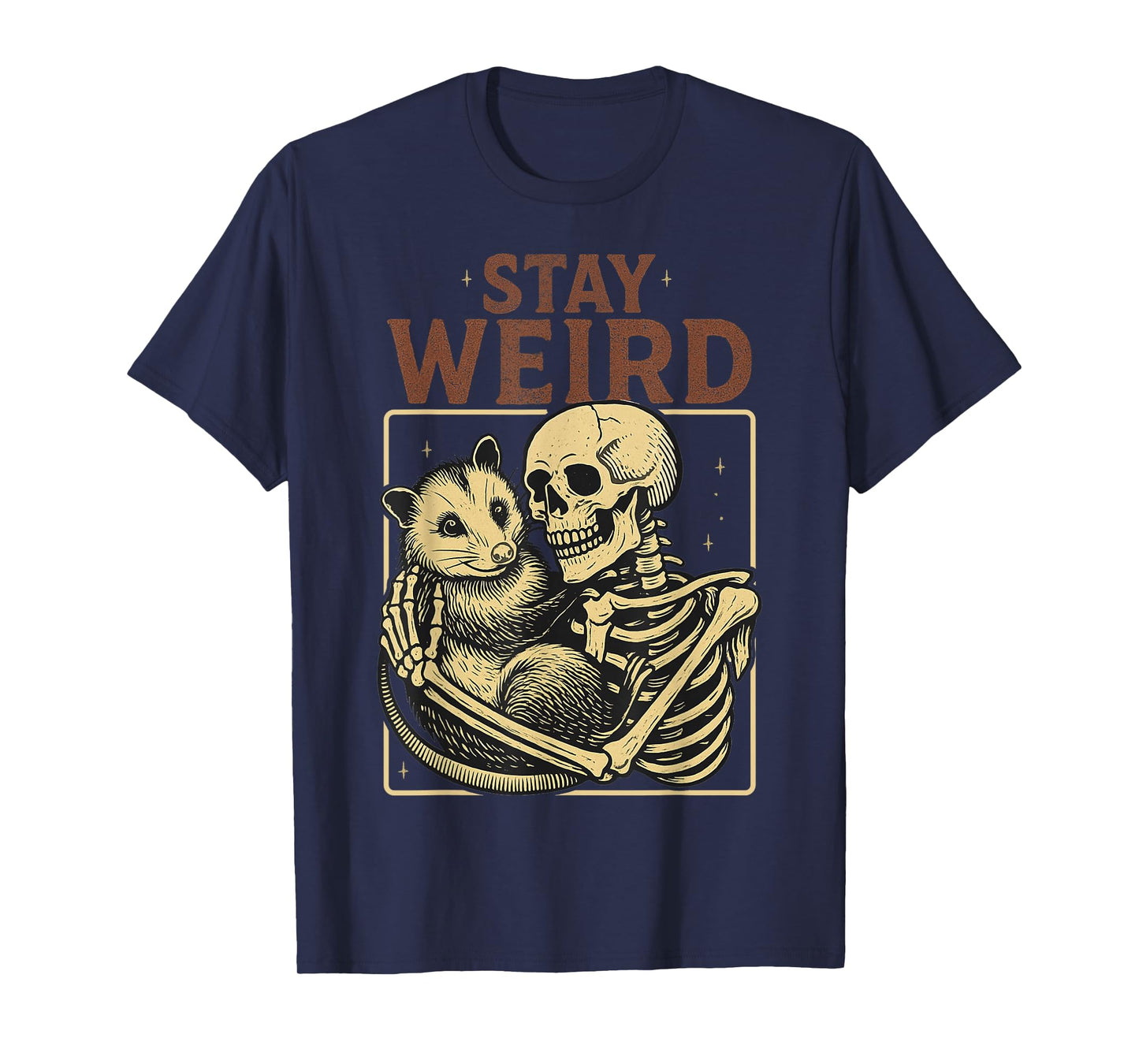 Skeleton Hugging Opossum Stay Weird Vintage Humor Possum T-Shirt