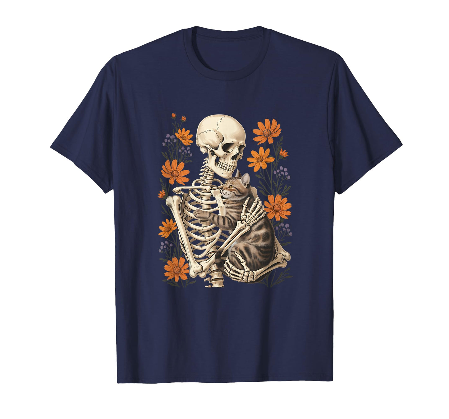 Funny Skeleton Hugging Cat Floral Halloween Cats Lover T-Shirt