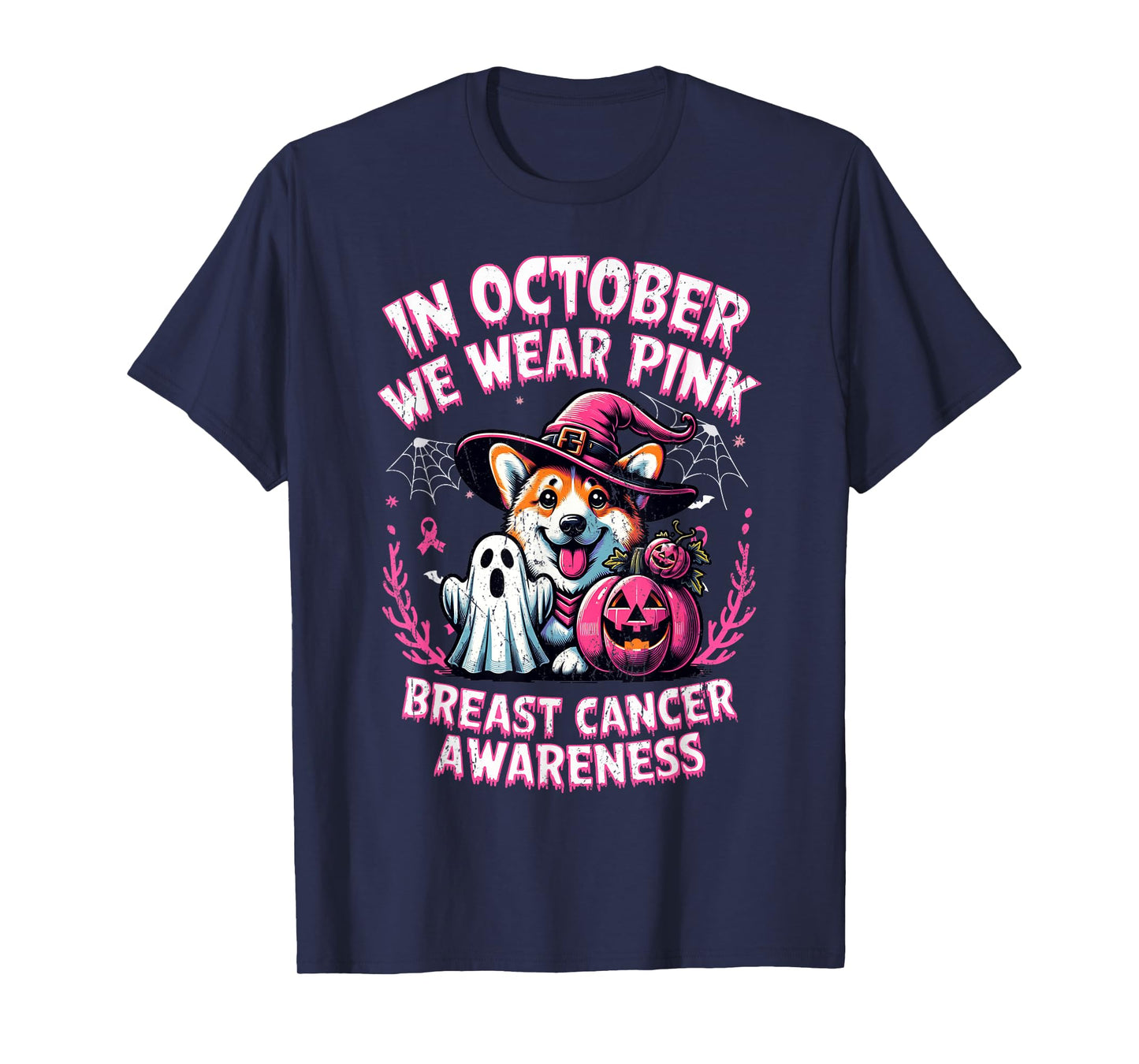 In October We Wear Pink Ghost Corgi Dog Breast Cancer T-Shirt