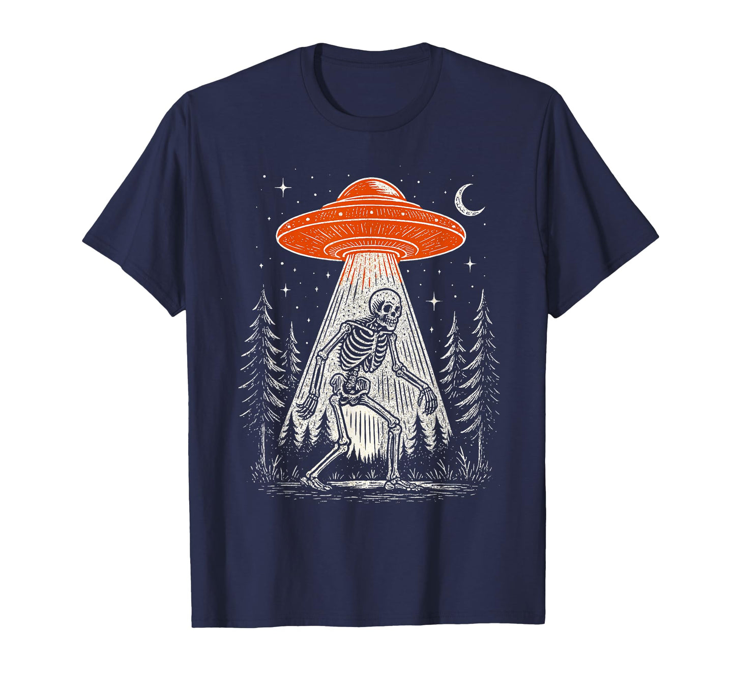 Skeleton and UFO Alien Scary Halloween T-Shirt