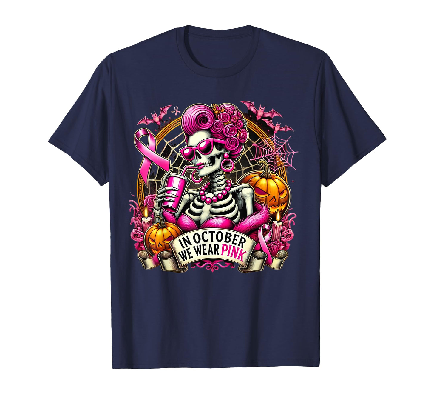 In October We Wear Pink Skull Messy Bun Glasses Halloween T-Shirt
