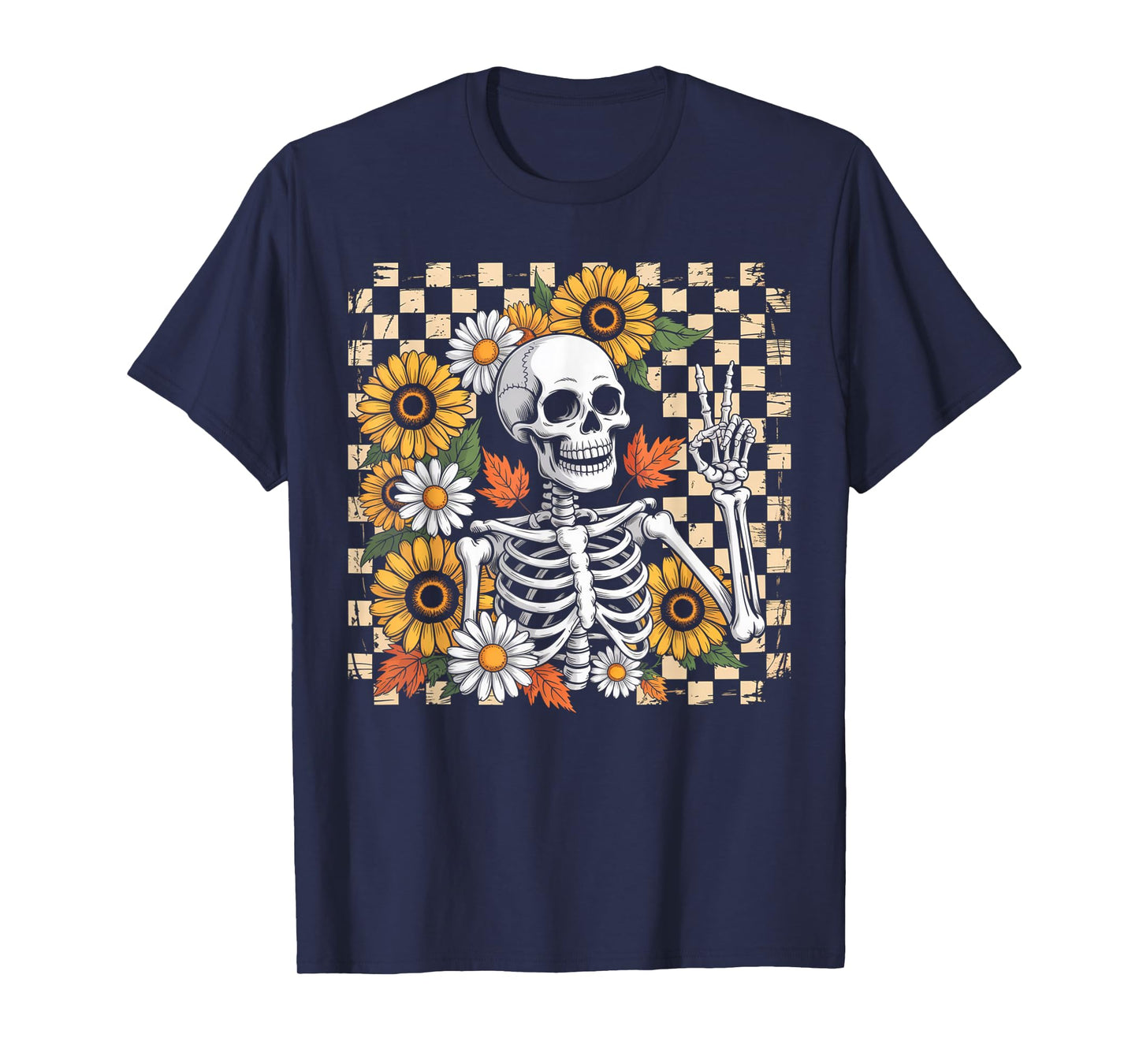 Retro Fall Skeleton Halloween Skeleton Flower Spooky Season T-Shirt