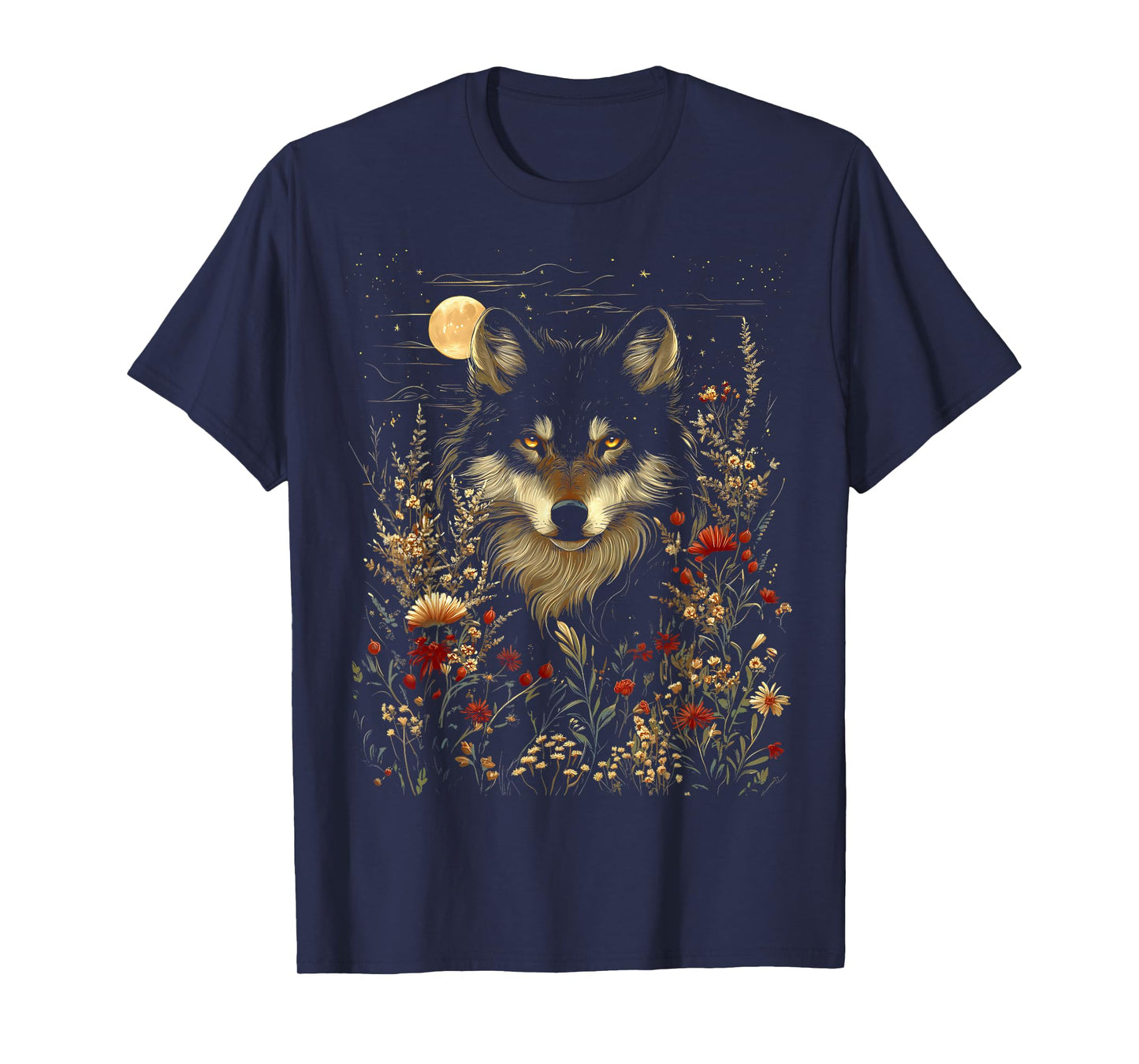 Black Wolf Full Moon Boho Floral Mystical Graphic Women T-Shirt
