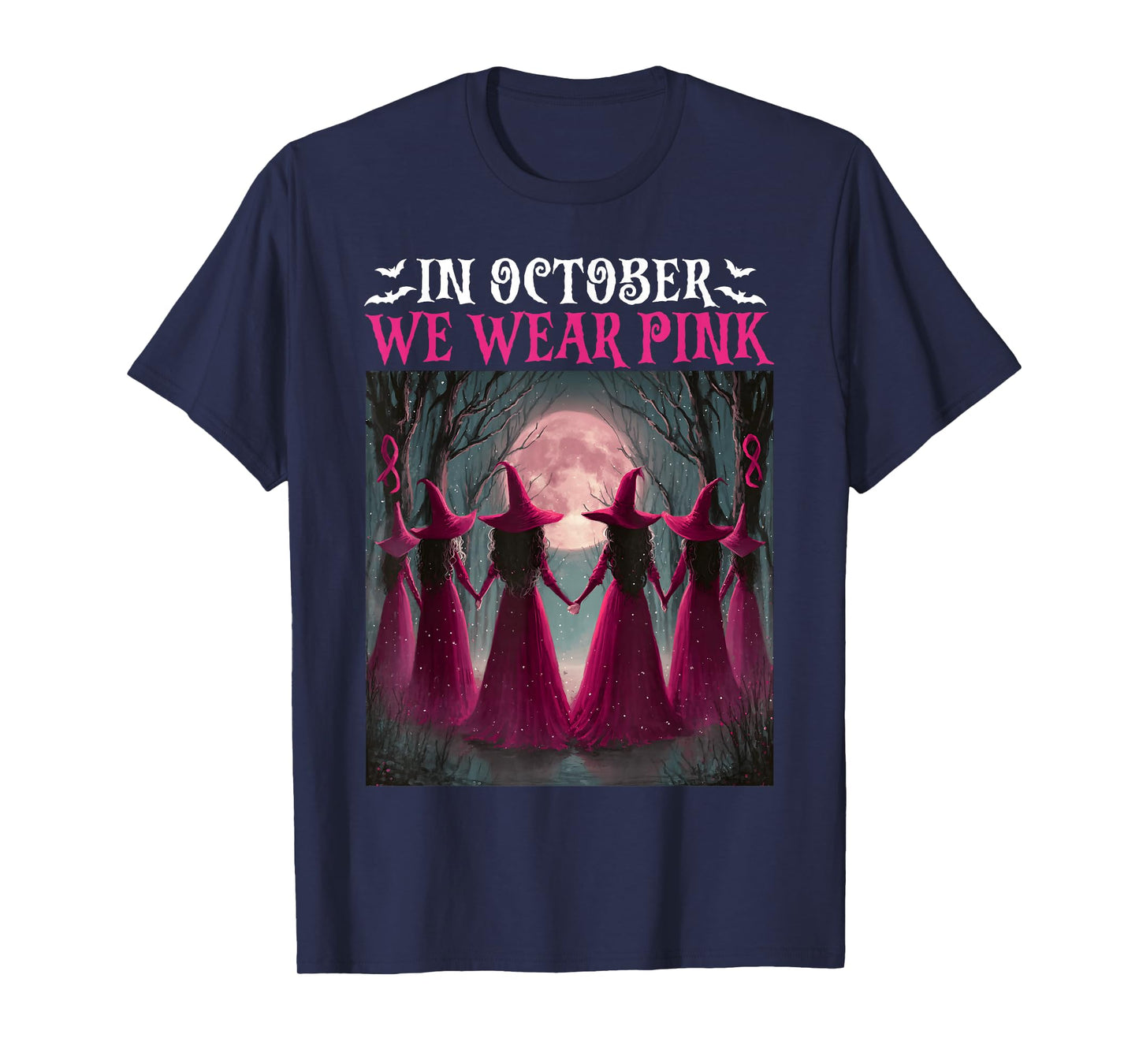 in October We Wear Pink Witch Women Halloween Breast Cancer T-Shirt