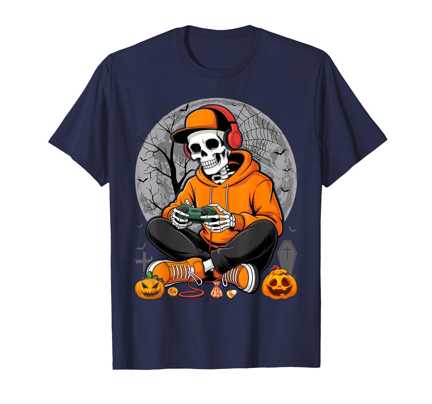 Gaming Skeleton Halloween Funny Gamer Boys Kids Men T-Shirt