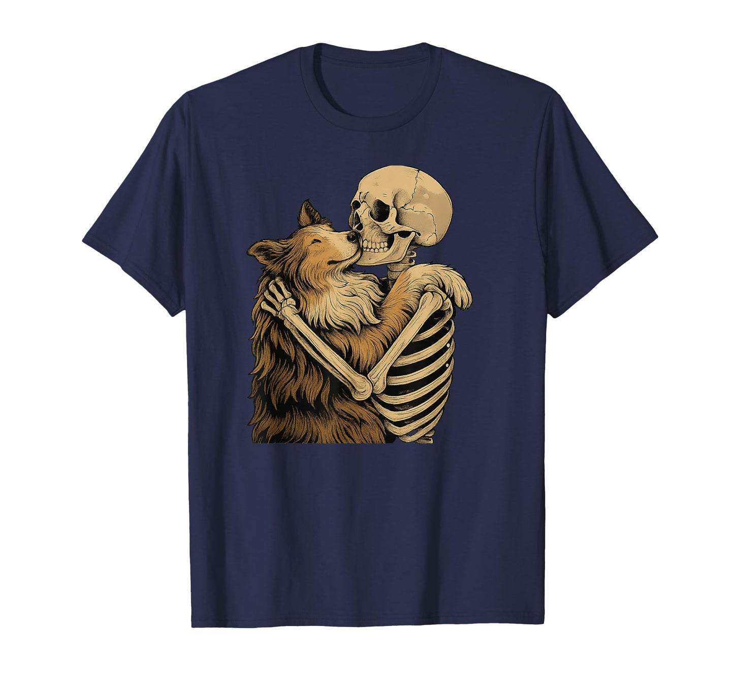 Skeleton Hugging Sheltie Dog Halloween T-Shirt