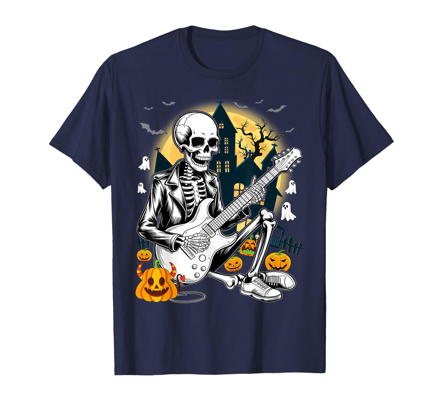 Happy Skeleton Guitar Halloween Playing Guy T-Shirt