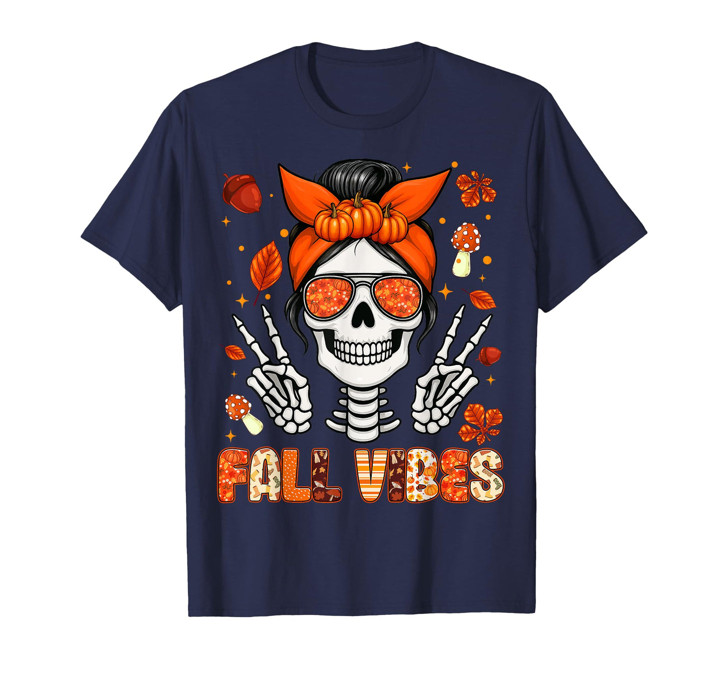 Fall Vibes Messy Bun Skeleton Autumn Maple Leaf Womens Girls T-Shirt