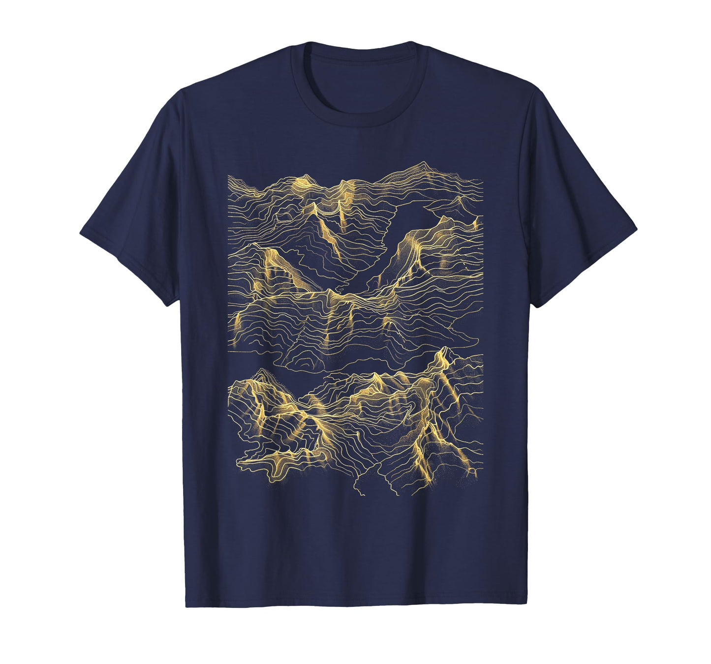Mountain Range Abstract Art Minimalist Gold Lines T-Shirt - Unisex-Adults, Black, Small, Short Sleeve, Topographic Map, T-Shirt