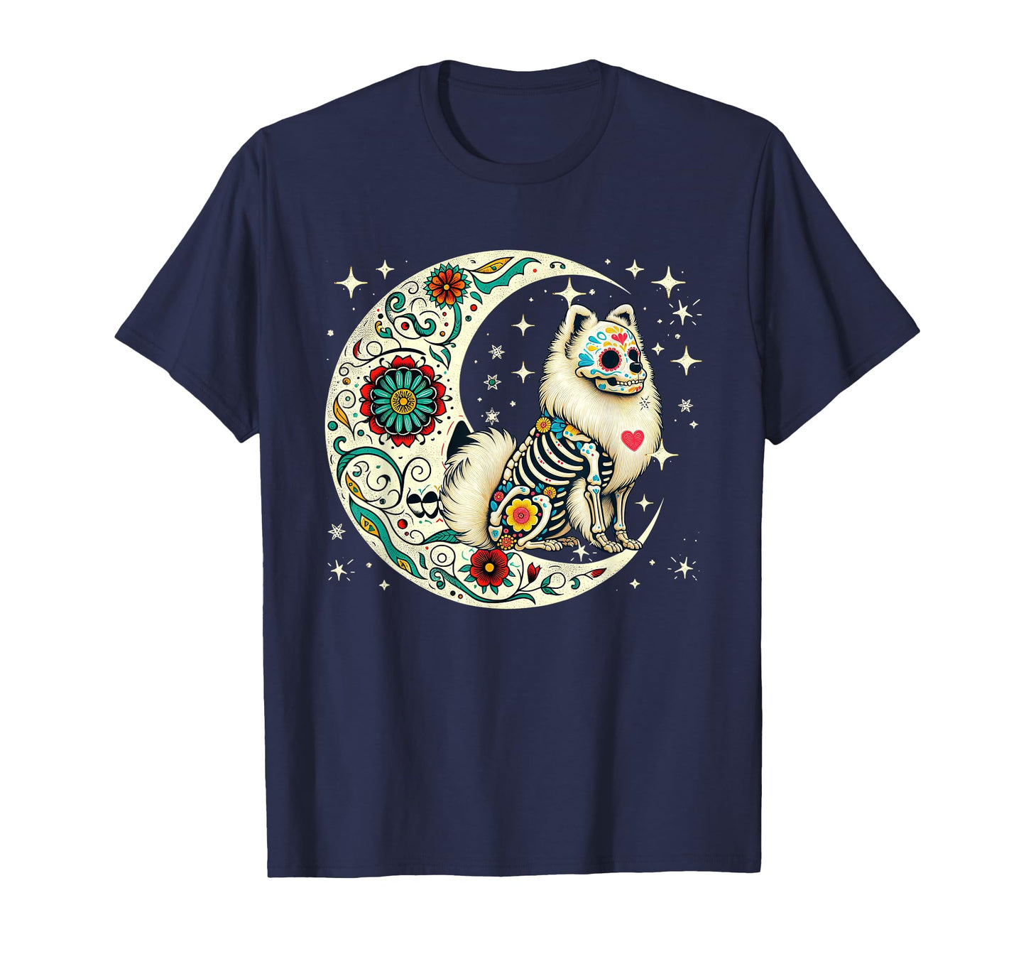 Dia De Los Muertos Halloween Moon Floral Skeleton Pomeranian T-Shirt