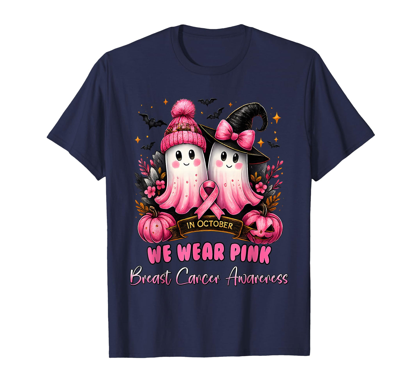 in October We Wear Pink Ghost Witch Breast Cancer Awareness T-Shirt