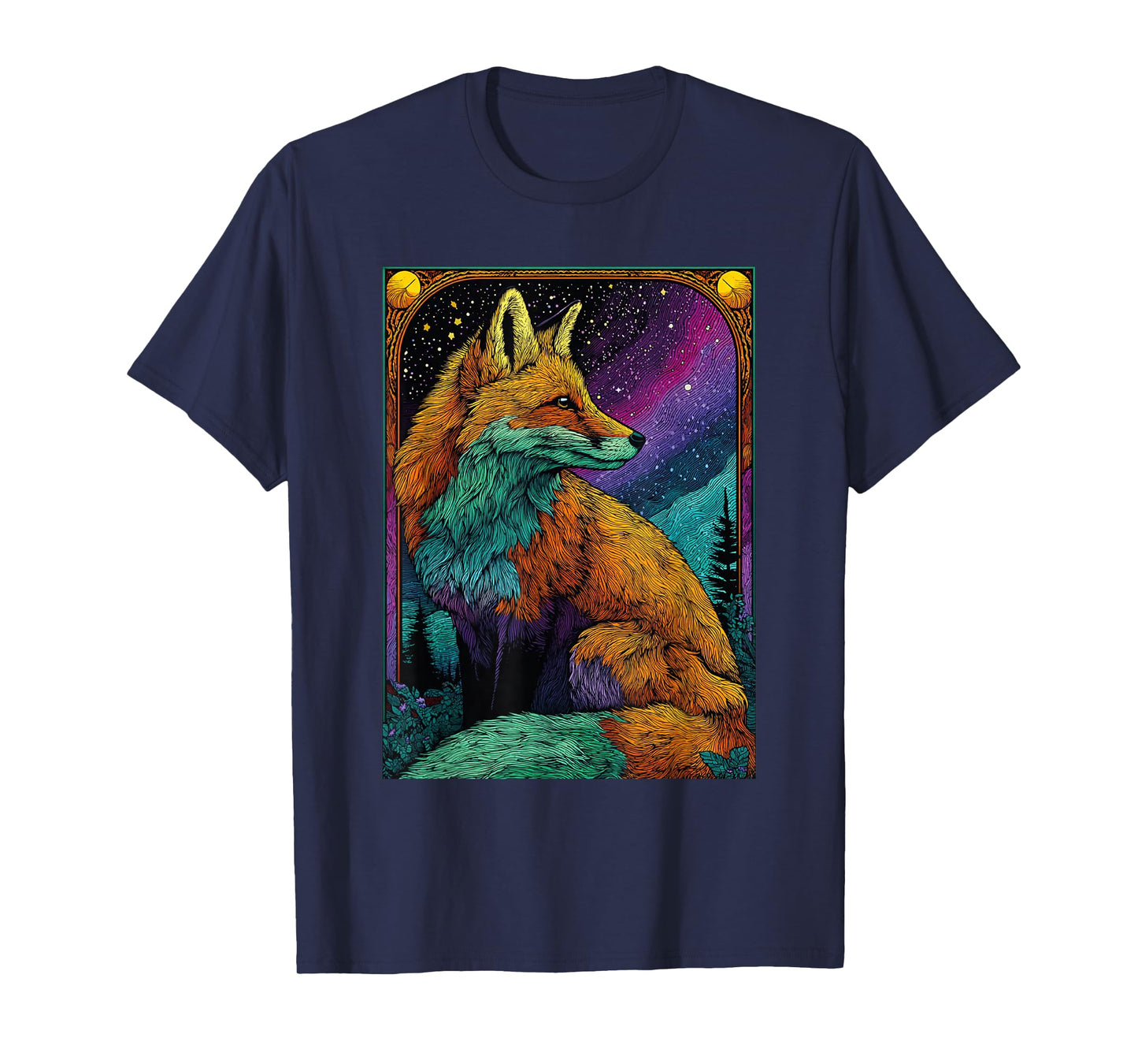 Psychedelic Fox Tee Colorful Forest Night Animal T-Shirt