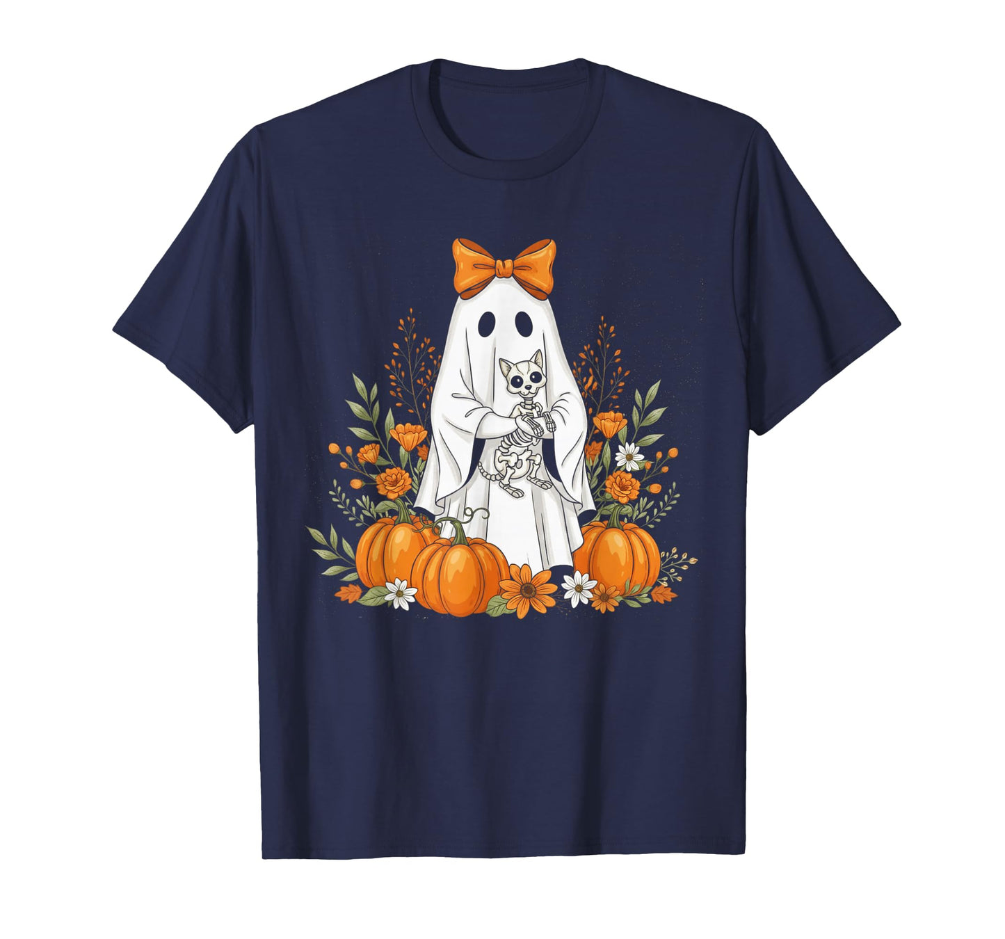 Halloween Ghost and Skeleton Cat Floral Spooky Ghosts Goth T-Shirt