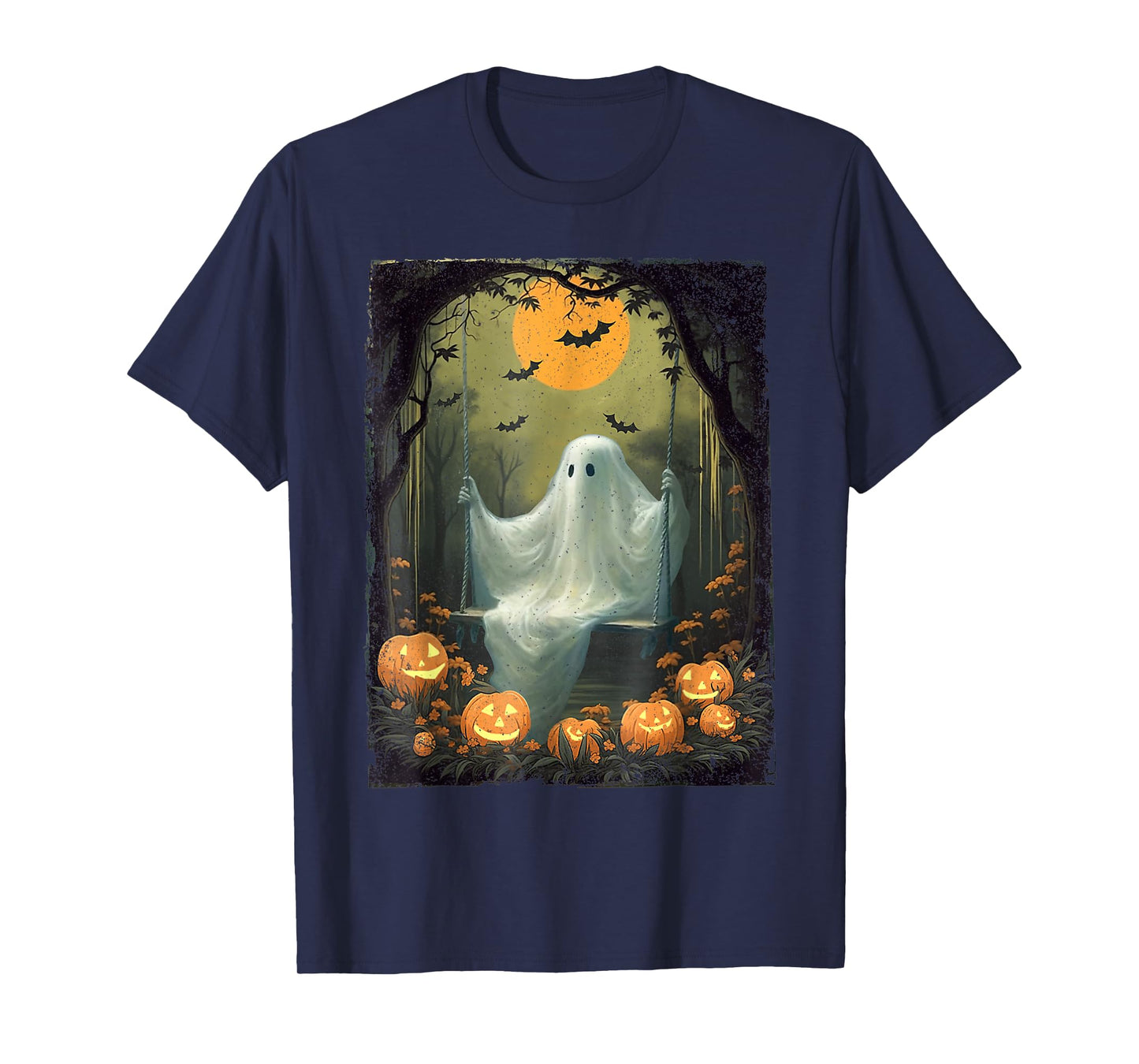 Vintage Floral Ghost On Swing In Forest Halloween Pumpkin T-Shirt