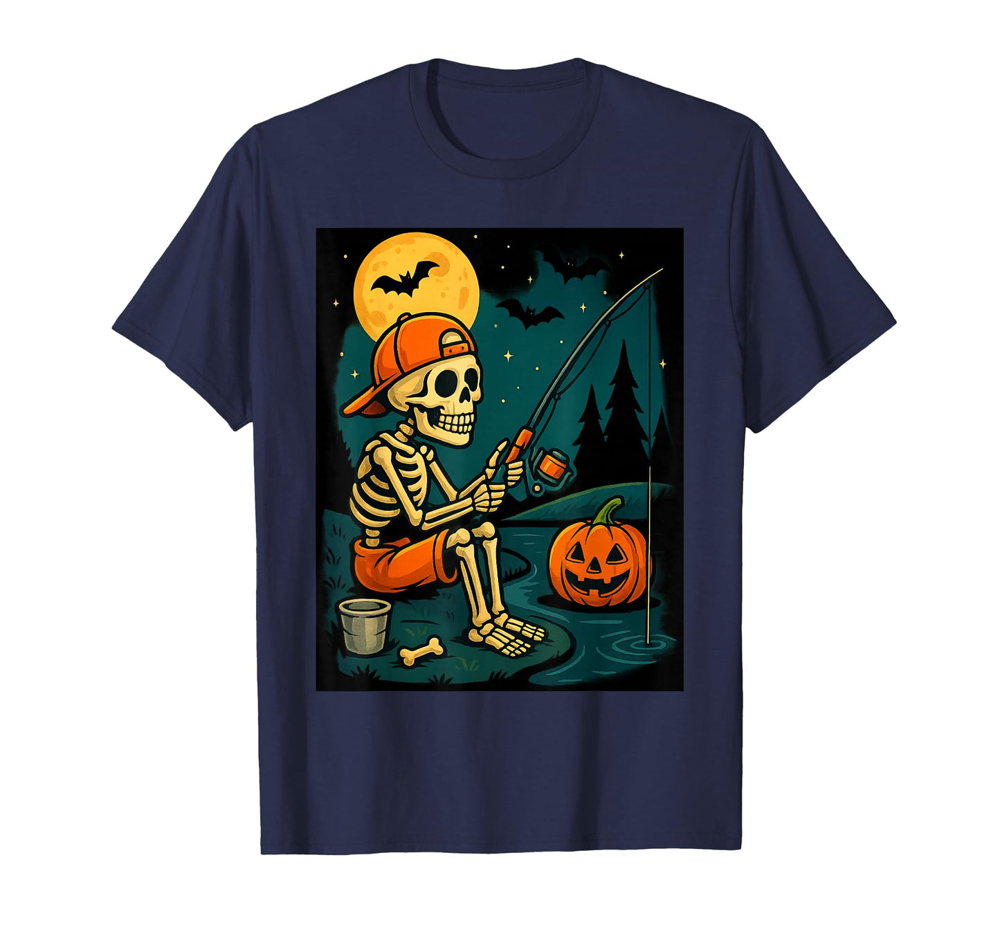 Skeleton Fishing Halloween Costume Funny Fishing Boys Men T-Shirt