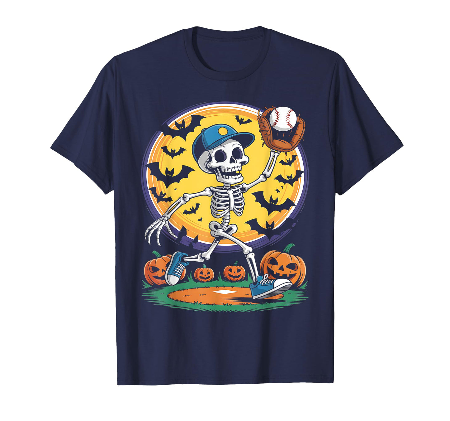 Baseball Skeleton Halloween Men Boys Baseball Spooky Season T-Shirt