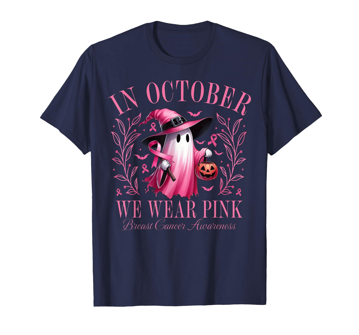Halloween Pink Ghost In October We Wear Pink Breast Cancer T-Shirt