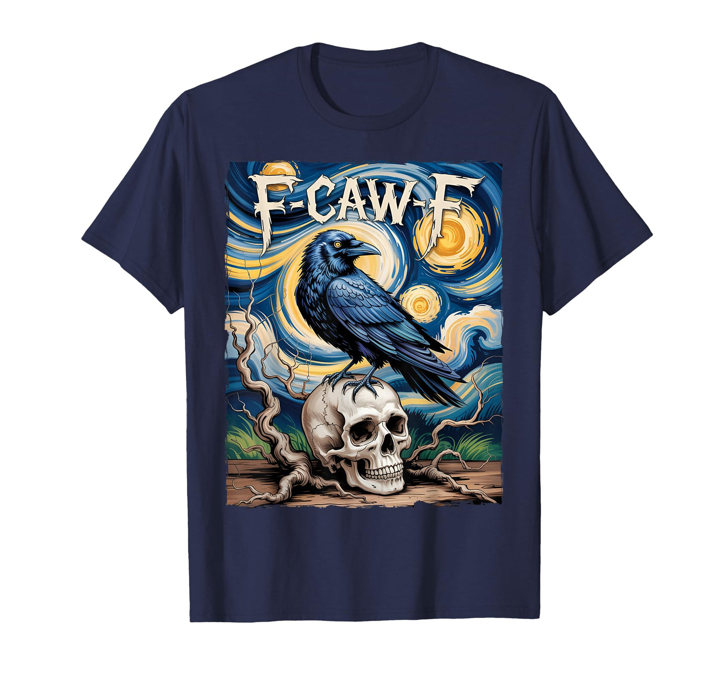 Starry Night Halloween Black Crow Skull Raven F Caw F Humor T-Shirt