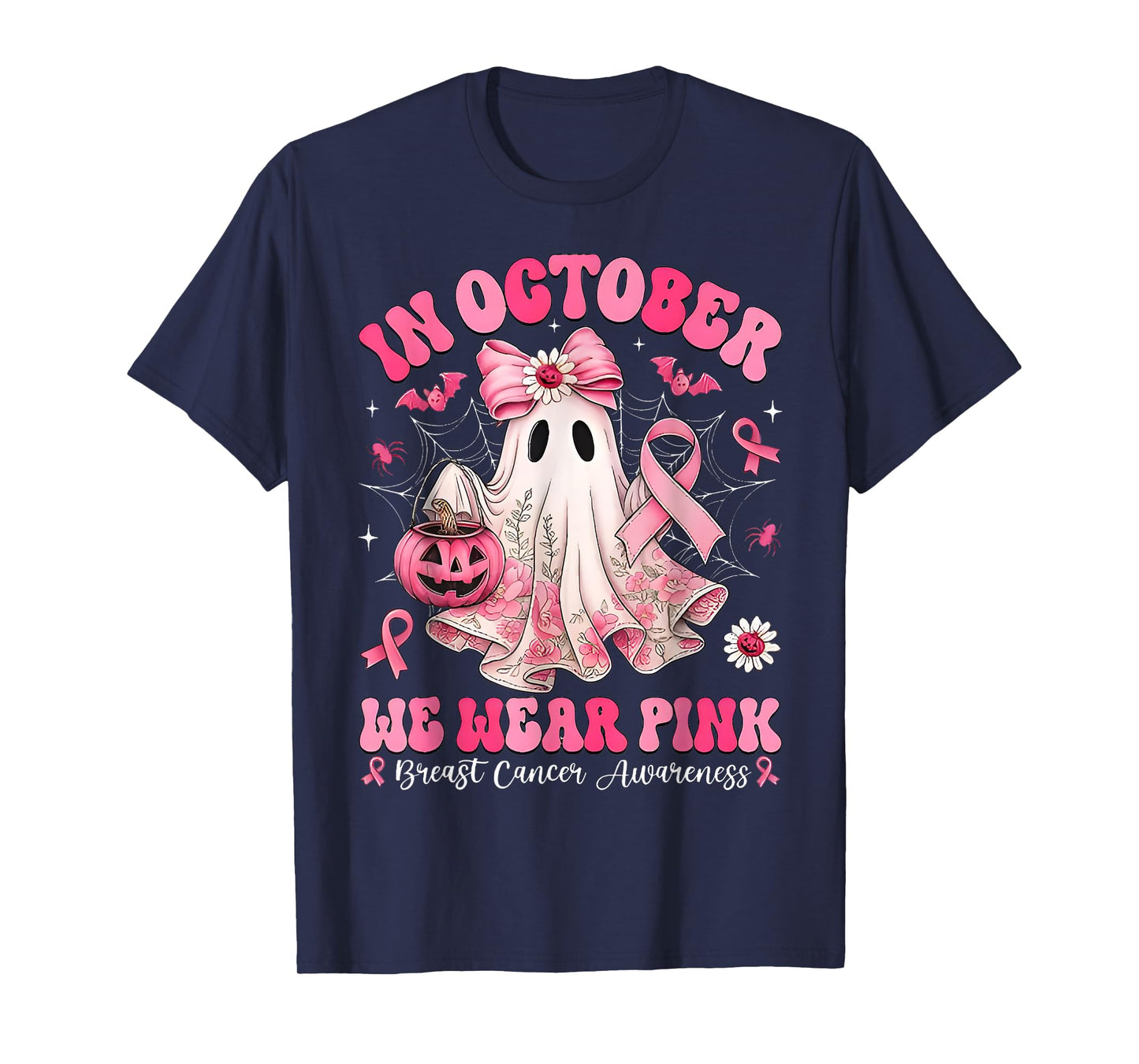 in October We Wear Pink Ghost Bow Breast Cancer Awareness T-Shirt